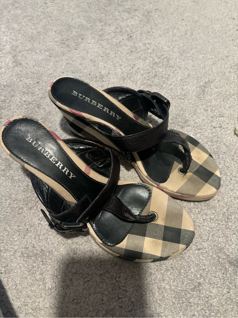 Burberry Black and Beige Check Wedge Sandals